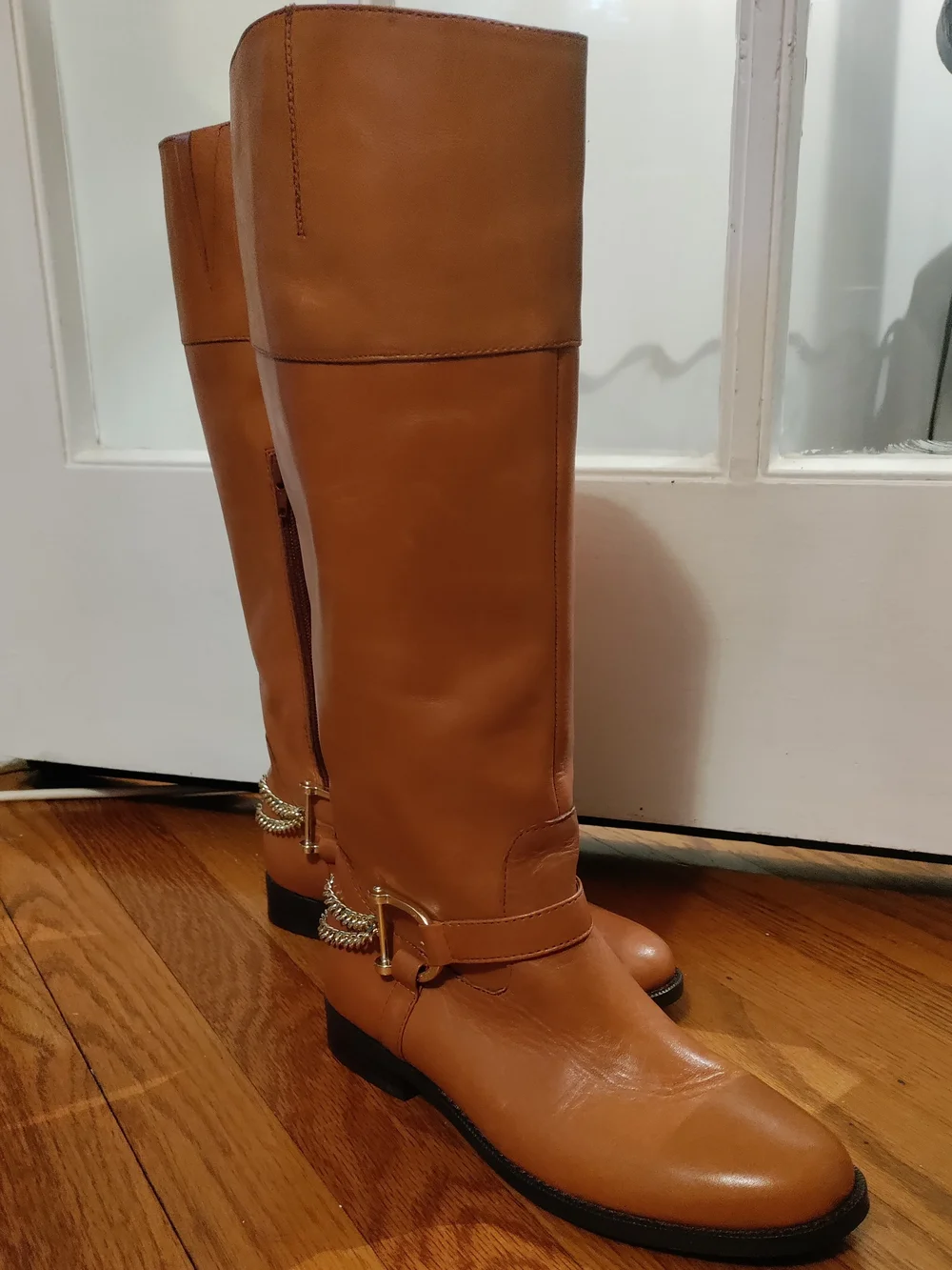 Ralph Lauren Tan Leather Knee High Boots Size 6B Gold Chain Riding Boots